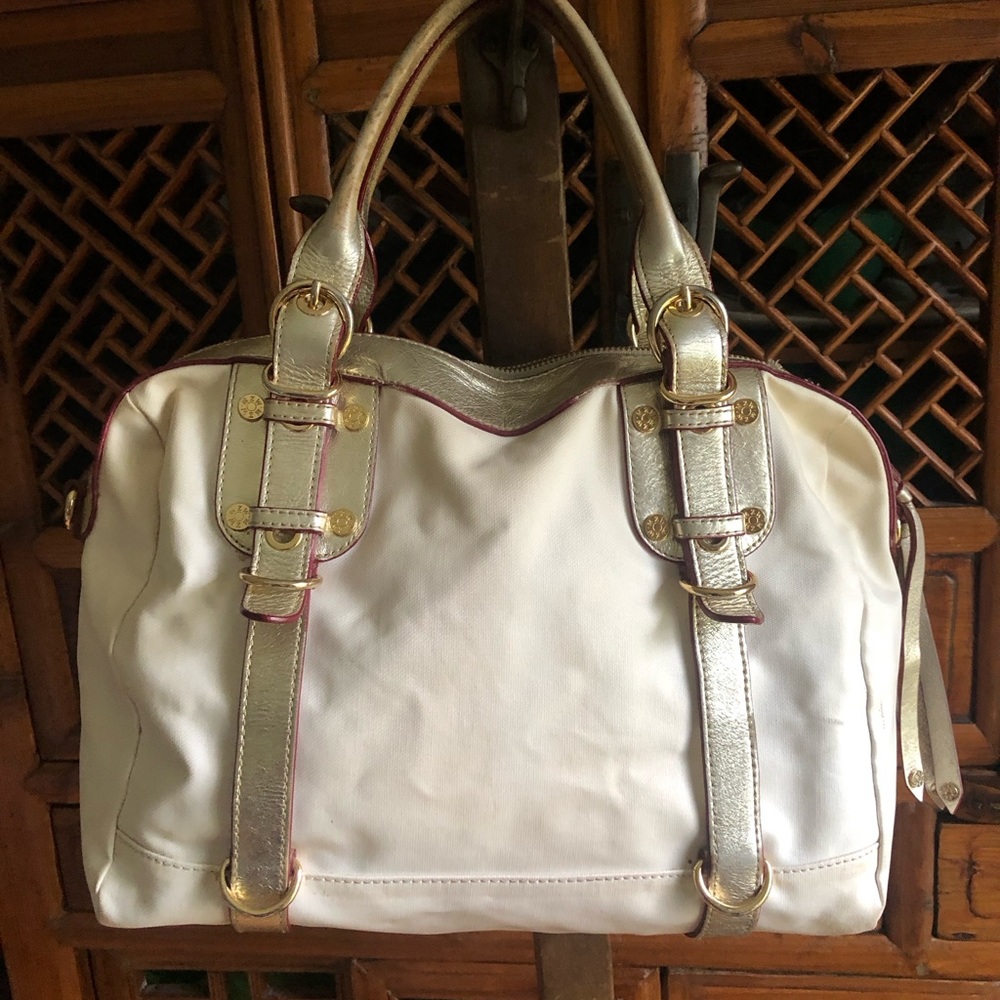 Rare vintage MZ Wallace Gold Metallic Leather,  Cream Coated Canvas shoulder bag